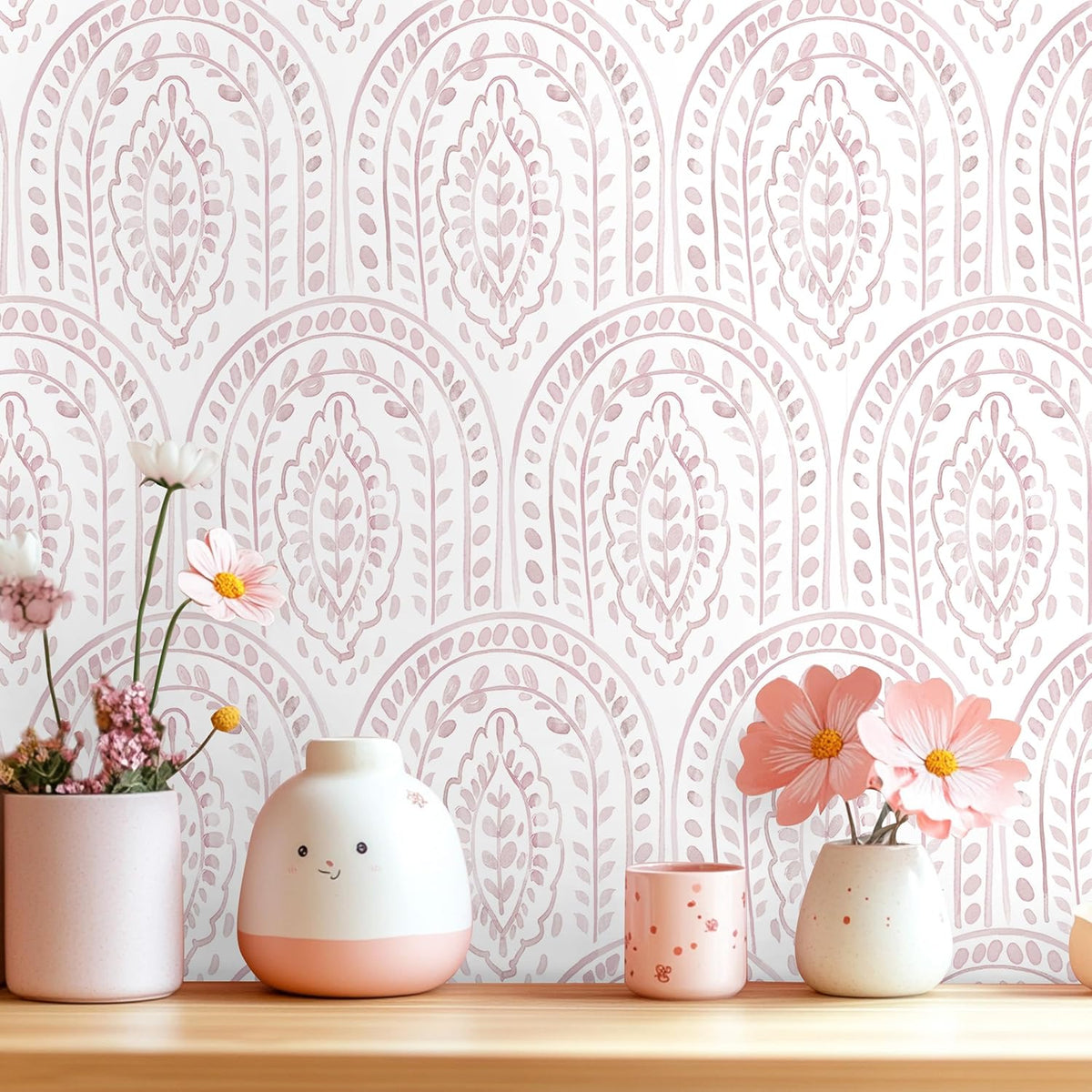 Pink Peel and Stick Wallpaper Boho Wall Paper Peel and Stick Modern Contact Paper Self Adhesive Wallpaper for Bedroom and Bathroom Removable Cabinet Shelf Liner Vinyl 17.3”X118.1”
