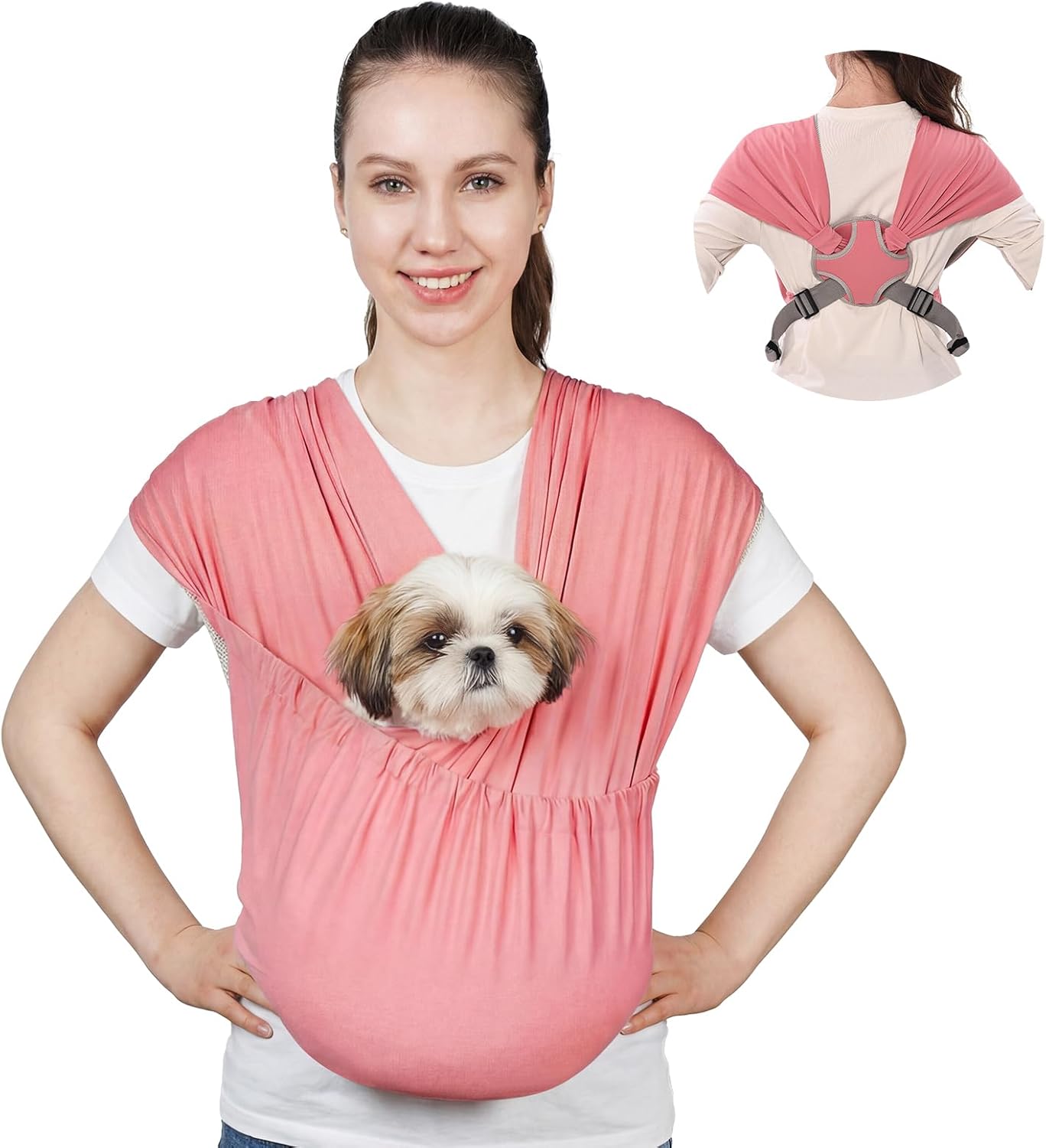 Dog Sling Carrier for Small Pets, Hands Free Cat Sling, Reducing Back Neck Pain Anti-Anxiety Puppy Front, Adjustable Soft Dog Carrying (Pink, Regular 0-9 Lbs)