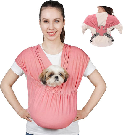Dog Sling Carrier for Small Pets, Hands Free Cat Sling, Reducing Back Neck Pain Anti-Anxiety Puppy Front, Adjustable Soft Dog Carrying (Pink, Regular 0-9 Lbs)