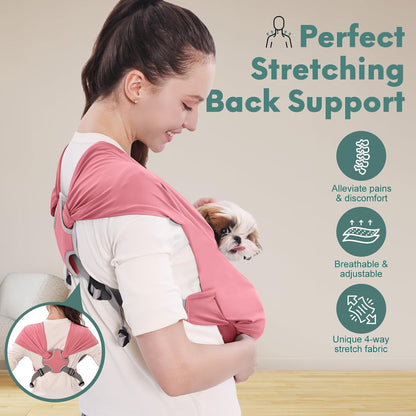 Dog Sling Carrier for Small Pets, Hands Free Cat Sling, Reducing Back Neck Pain Anti-Anxiety Puppy Front, Adjustable Soft Dog Carrying (Pink, Regular 0-9 Lbs)