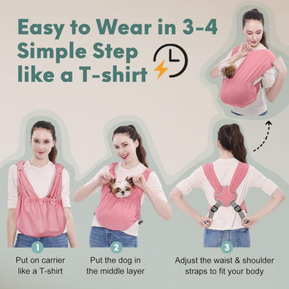 Dog Sling Carrier for Small Pets, Hands Free Cat Sling, Reducing Back Neck Pain Anti-Anxiety Puppy Front, Adjustable Soft Dog Carrying (Pink, Regular 0-9 Lbs)