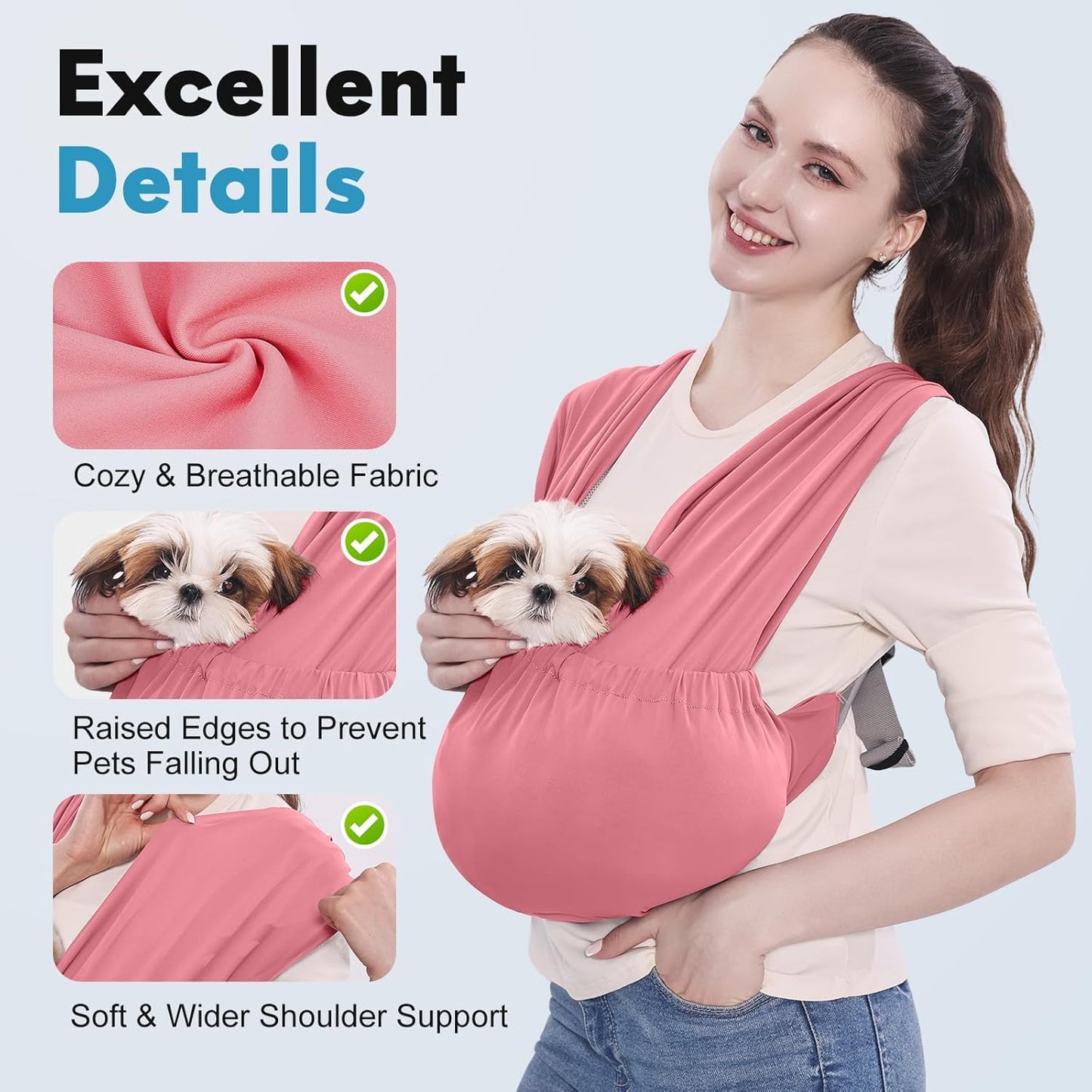 Dog Sling Carrier for Small Pets, Hands Free Cat Sling, Reducing Back Neck Pain Anti-Anxiety Puppy Front, Adjustable Soft Dog Carrying (Pink, Regular 0-9 Lbs)