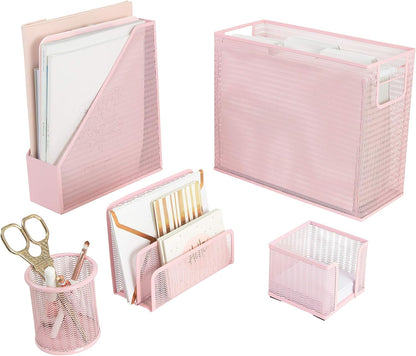 Pink Desk Organizer Set | 5 Piece Metal Office Desk Organizer with Hanging File Holder, Magazine Organizer, Pen Cup, Sticky Note Holder, Letter Sorter | Desk Organizers and Accessories