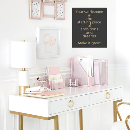 Pink Desk Organizer Set | 5 Piece Metal Office Desk Organizer with Hanging File Holder, Magazine Organizer, Pen Cup, Sticky Note Holder, Letter Sorter | Desk Organizers and Accessories