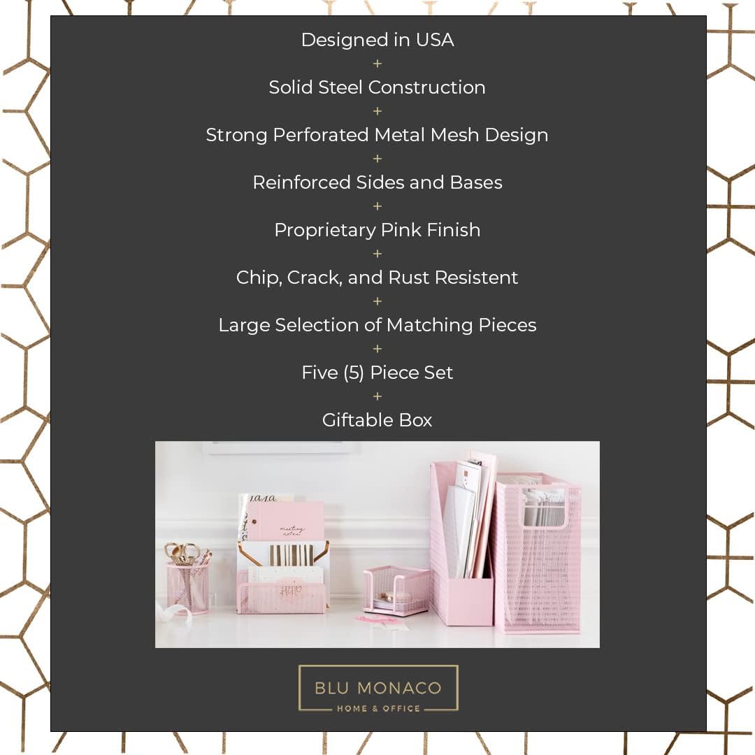 Pink Desk Organizer Set | 5 Piece Metal Office Desk Organizer with Hanging File Holder, Magazine Organizer, Pen Cup, Sticky Note Holder, Letter Sorter | Desk Organizers and Accessories