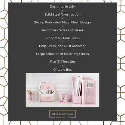 Pink Desk Organizer Set | 5 Piece Metal Office Desk Organizer with Hanging File Holder, Magazine Organizer, Pen Cup, Sticky Note Holder, Letter Sorter | Desk Organizers and Accessories