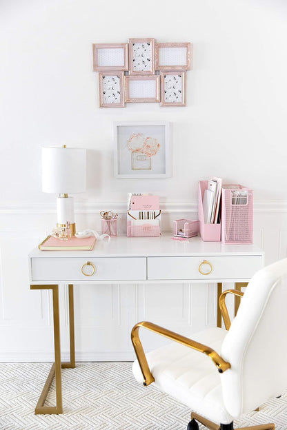 Pink Desk Organizer Set | 5 Piece Metal Office Desk Organizer with Hanging File Holder, Magazine Organizer, Pen Cup, Sticky Note Holder, Letter Sorter | Desk Organizers and Accessories