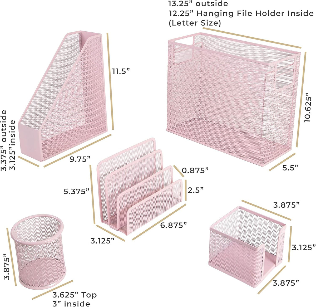 Pink Desk Organizer Set | 5 Piece Metal Office Desk Organizer with Hanging File Holder, Magazine Organizer, Pen Cup, Sticky Note Holder, Letter Sorter | Desk Organizers and Accessories