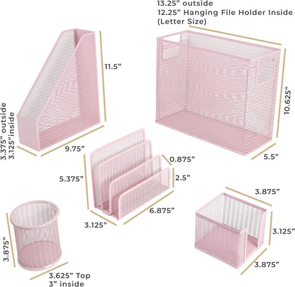 Pink Desk Organizer Set | 5 Piece Metal Office Desk Organizer with Hanging File Holder, Magazine Organizer, Pen Cup, Sticky Note Holder, Letter Sorter | Desk Organizers and Accessories
