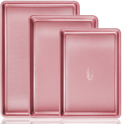 Baking Sheet Pan Set, Cookie Sheets for Oven, Nonstick Half/Quarter/Jelly Roll Pans with Diamond Texture Pattern, Heavy Duty Cookie Tray, Pink
