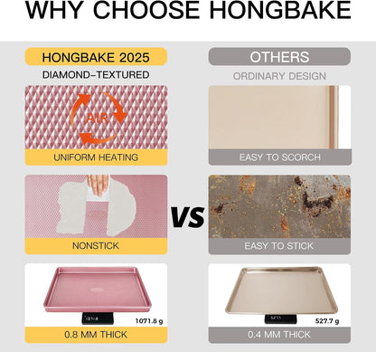 Baking Sheet Pan Set, Cookie Sheets for Oven, Nonstick Half/Quarter/Jelly Roll Pans with Diamond Texture Pattern, Heavy Duty Cookie Tray, Pink