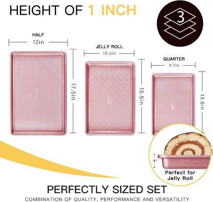 Baking Sheet Pan Set, Cookie Sheets for Oven, Nonstick Half/Quarter/Jelly Roll Pans with Diamond Texture Pattern, Heavy Duty Cookie Tray, Pink