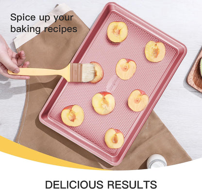 Baking Sheet Pan Set, Cookie Sheets for Oven, Nonstick Half/Quarter/Jelly Roll Pans with Diamond Texture Pattern, Heavy Duty Cookie Tray, Pink