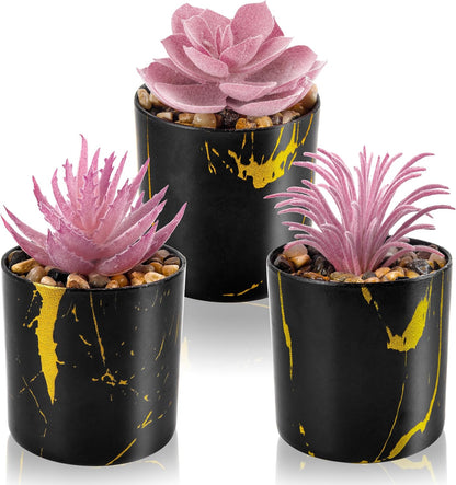 3 Pack Mini Fake Plants in Black Pots for Office Desk Accessorise