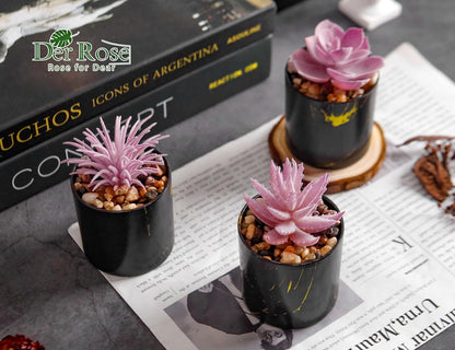 3 Pack Mini Fake Plants in Black Pots for Office Desk Accessorise