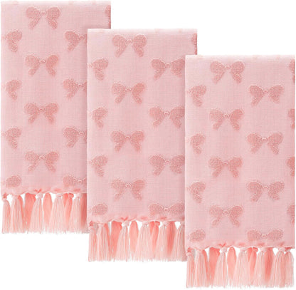 Set of 3 Pink Bow Hand Towels Coquette Hand Towels for Bathroom 30 x 17 Inch Pink Bowknot Gifts Turkish Tufted Cotton Soft Absorbent Supplies for Kitchen Bathroom Women Girls