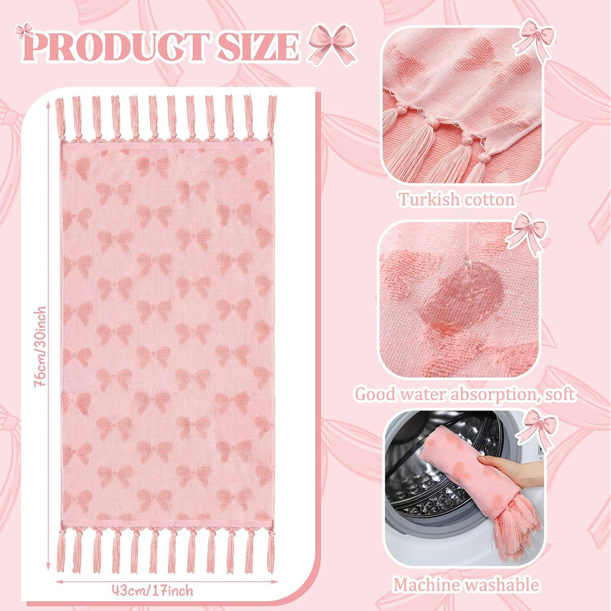Set of 3 Pink Bow Hand Towels Coquette Hand Towels for Bathroom 30 x 17 Inch Pink Bowknot Gifts Turkish Tufted Cotton Soft Absorbent Supplies for Kitchen Bathroom Women Girls