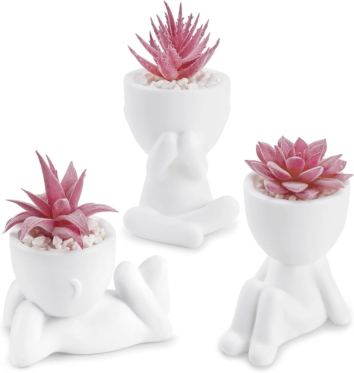 3 Pack Pink Fake Succulents in Human-Shaped Pots for Desk Decor