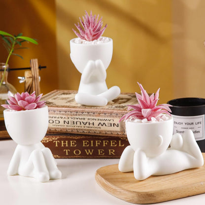 3 Pack Pink Fake Succulents in Human-Shaped Pots for Desk Decor