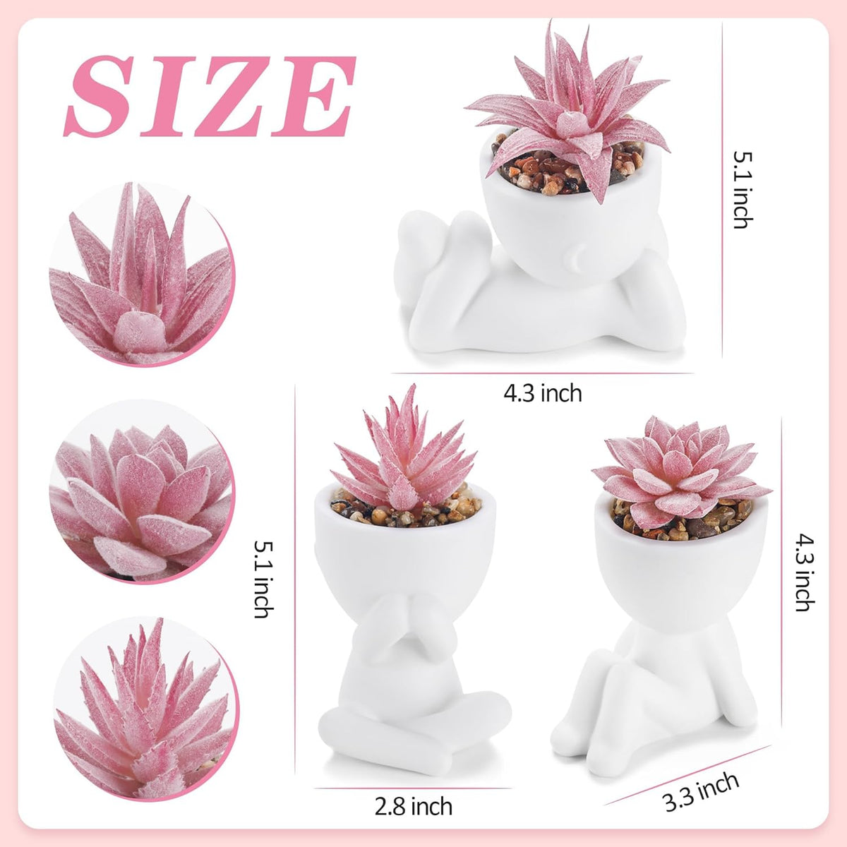 3 Pack Pink Fake Succulents in Human-Shaped Pots for Desk Decor
