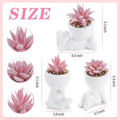 3 Pack Pink Fake Succulents in Human-Shaped Pots for Desk Decor