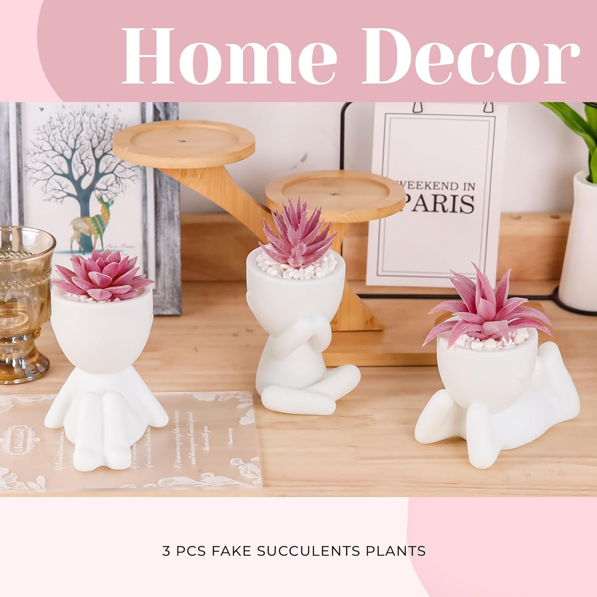 3 Pack Pink Fake Succulents in Human-Shaped Pots for Desk Decor