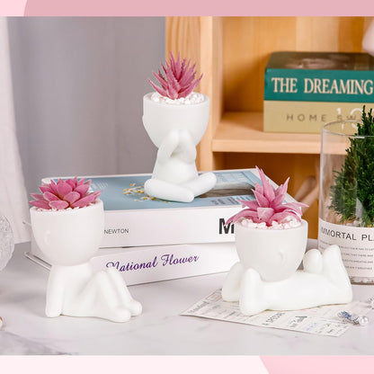 3 Pack Pink Fake Succulents in Human-Shaped Pots for Desk Decor