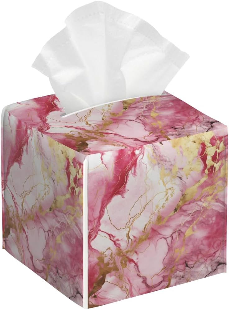 Tissue Box Cover Square Leather Pink Gold Liquid Marble Tissue Box Cover Holder for Bathroom Night Stands Desk Tabletop Living Room Home
