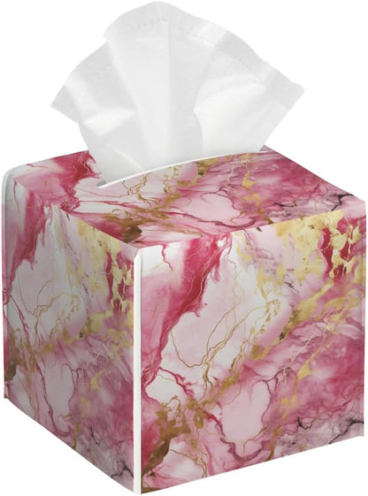 Tissue Box Cover Square Leather Pink Gold Liquid Marble Tissue Box Cover Holder for Bathroom Night Stands Desk Tabletop Living Room Home