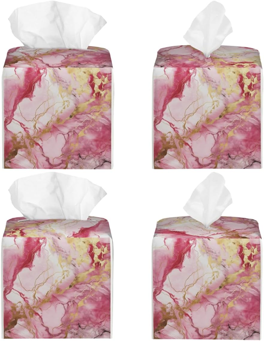 Tissue Box Cover Square Leather Pink Gold Liquid Marble Tissue Box Cover Holder for Bathroom Night Stands Desk Tabletop Living Room Home