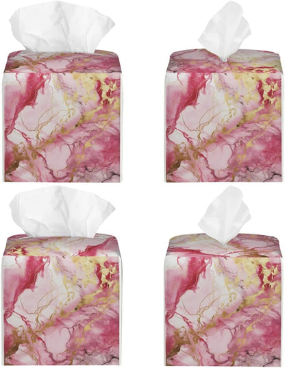 Tissue Box Cover Square Leather Pink Gold Liquid Marble Tissue Box Cover Holder for Bathroom Night Stands Desk Tabletop Living Room Home