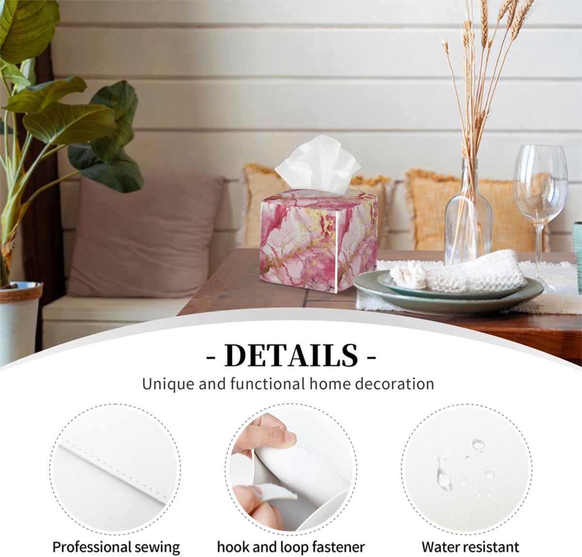 Tissue Box Cover Square Leather Pink Gold Liquid Marble Tissue Box Cover Holder for Bathroom Night Stands Desk Tabletop Living Room Home