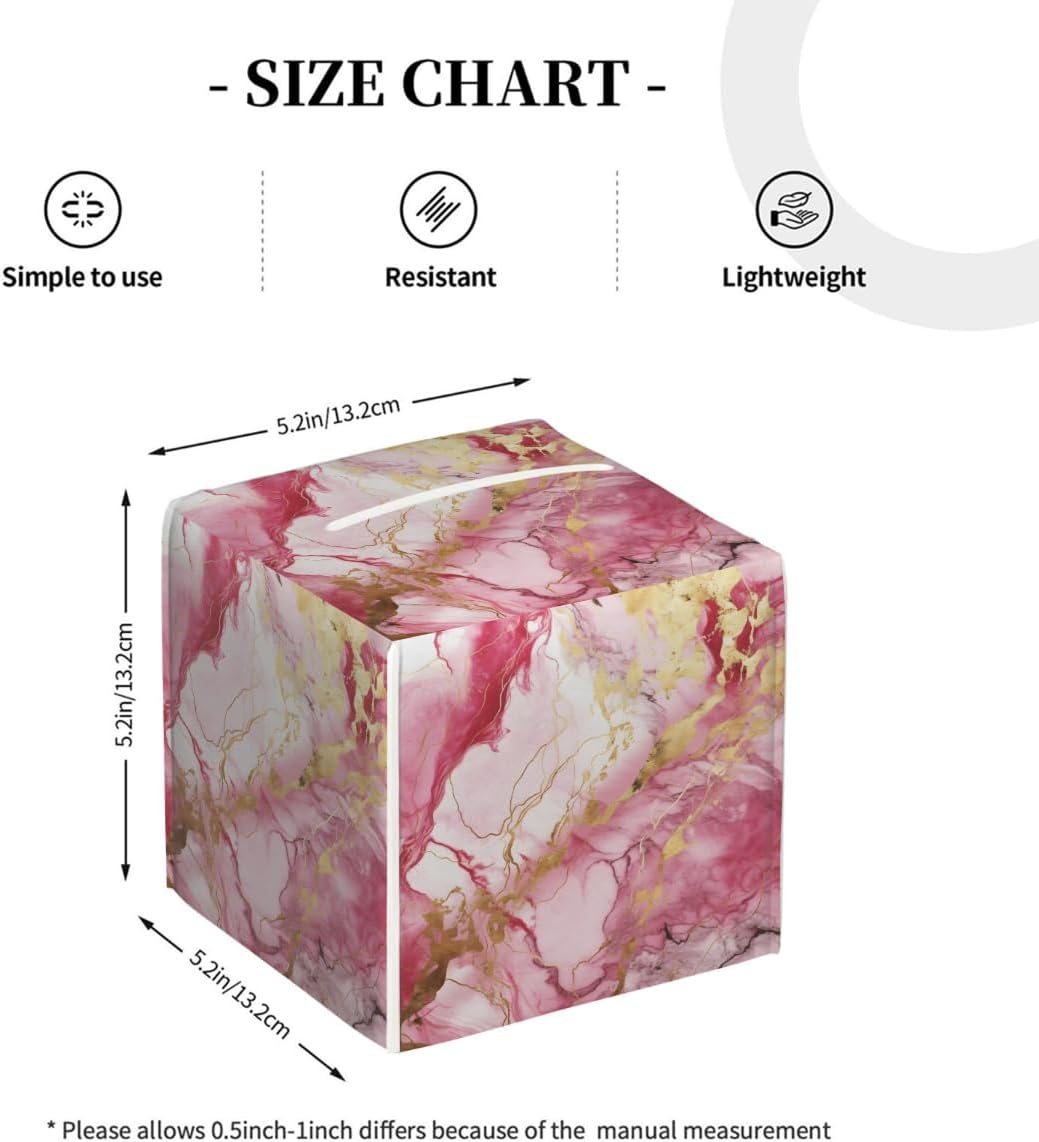 Tissue Box Cover Square Leather Pink Gold Liquid Marble Tissue Box Cover Holder for Bathroom Night Stands Desk Tabletop Living Room Home