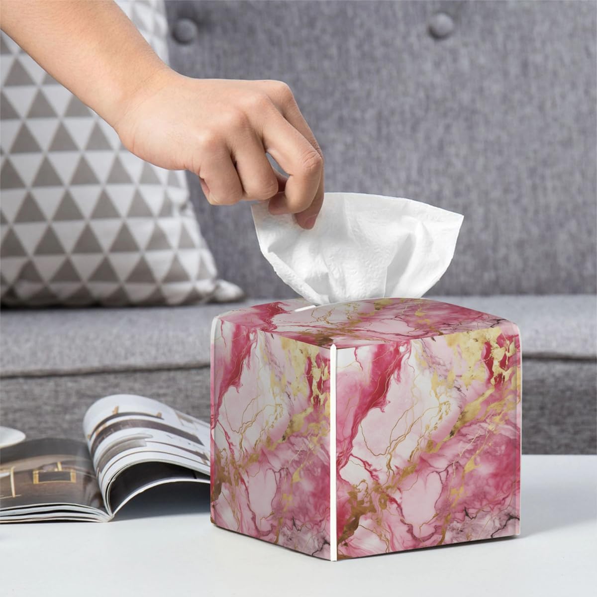 Tissue Box Cover Square Leather Pink Gold Liquid Marble Tissue Box Cover Holder for Bathroom Night Stands Desk Tabletop Living Room Home