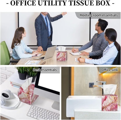 Tissue Box Cover Square Leather Pink Gold Liquid Marble Tissue Box Cover Holder for Bathroom Night Stands Desk Tabletop Living Room Home