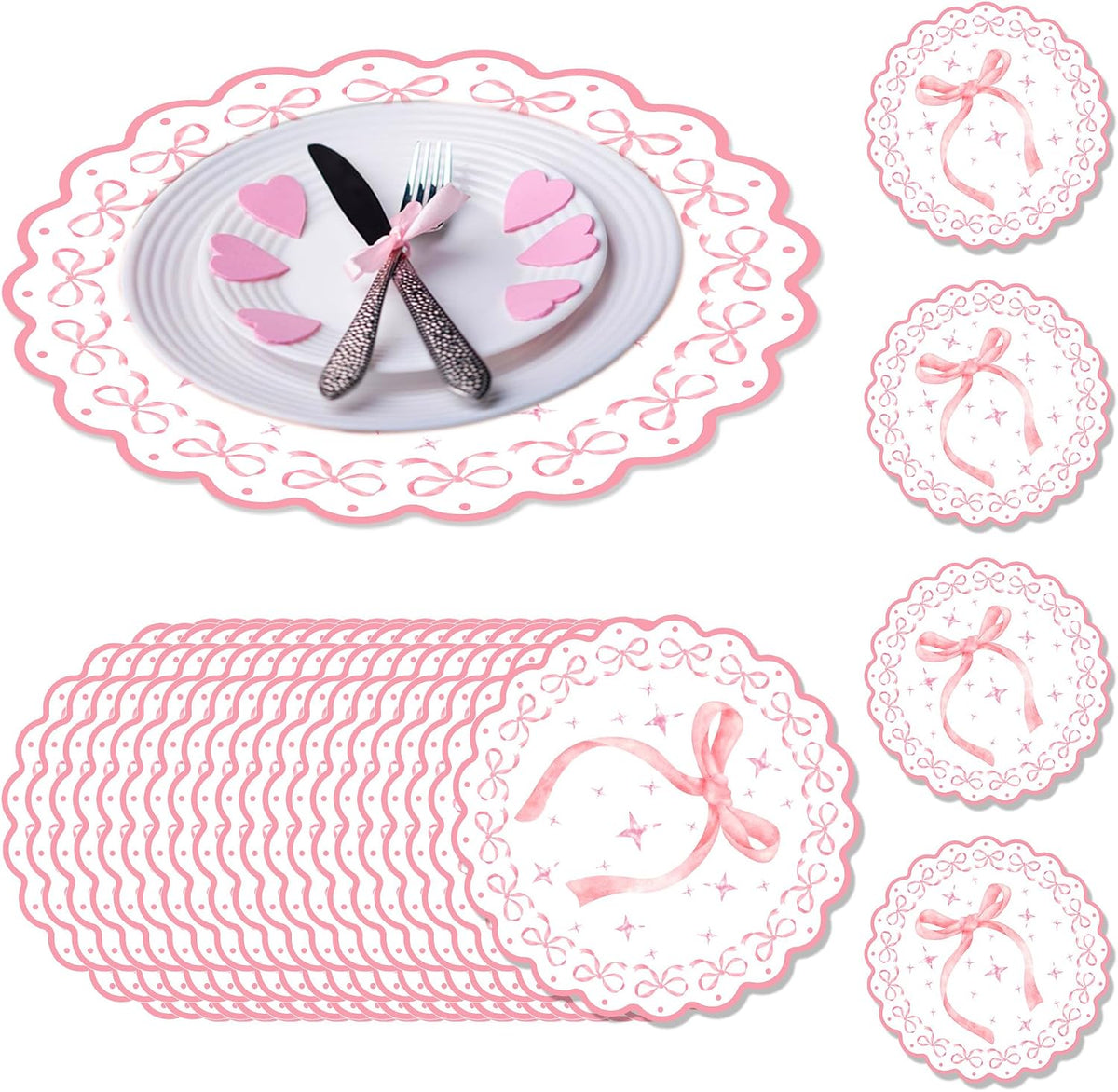 24 PCS 11.8 Inch Round Pink Bow Disposable Paper Placemats, Decorative Scalloped Edge Table Mats, Pink Bow Themed Place Mats for Bachelorette, Bridal Shower, Wedding, Birthday Party Table Setting