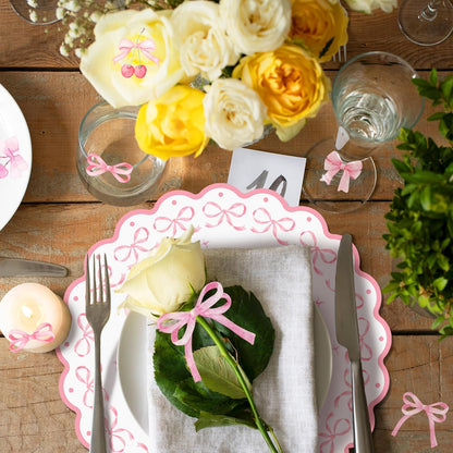 24 PCS 11.8 Inch Round Pink Bow Disposable Paper Placemats, Decorative Scalloped Edge Table Mats, Pink Bow Themed Place Mats for Bachelorette, Bridal Shower, Wedding, Birthday Party Table Setting