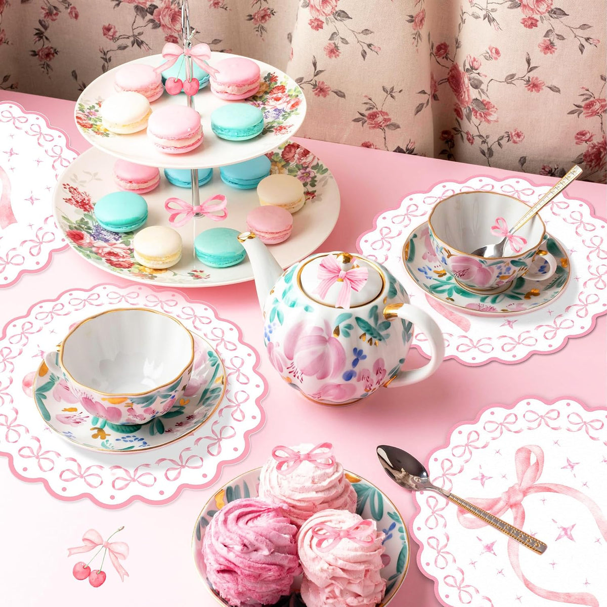 24 PCS 11.8 Inch Round Pink Bow Disposable Paper Placemats, Decorative Scalloped Edge Table Mats, Pink Bow Themed Place Mats for Bachelorette, Bridal Shower, Wedding, Birthday Party Table Setting