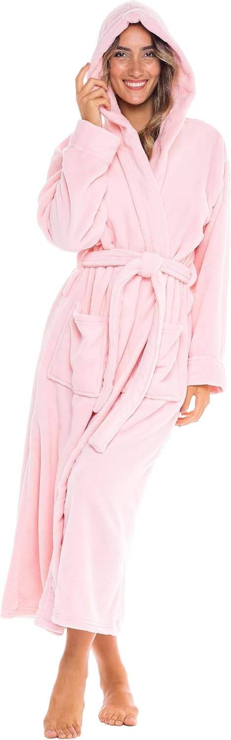 Women's Long Sleeve Plush Fleece Hooded Robe, Full Length Bathrobe