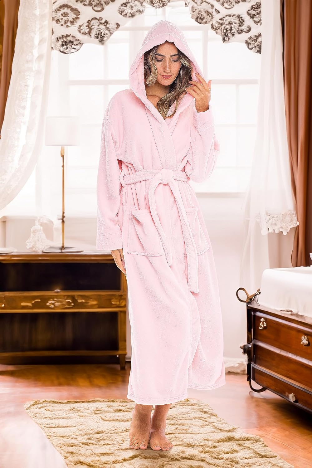 Women's Long Sleeve Plush Fleece Hooded Robe, Full Length Bathrobe