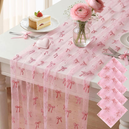 5 Pcs Bow Lace Table Runners 29 x 70 Inch Pink Tulle Glitter Table Runner Cute Bow Tablecloth for Birthday Baby Shower Wedding Home Table Decor