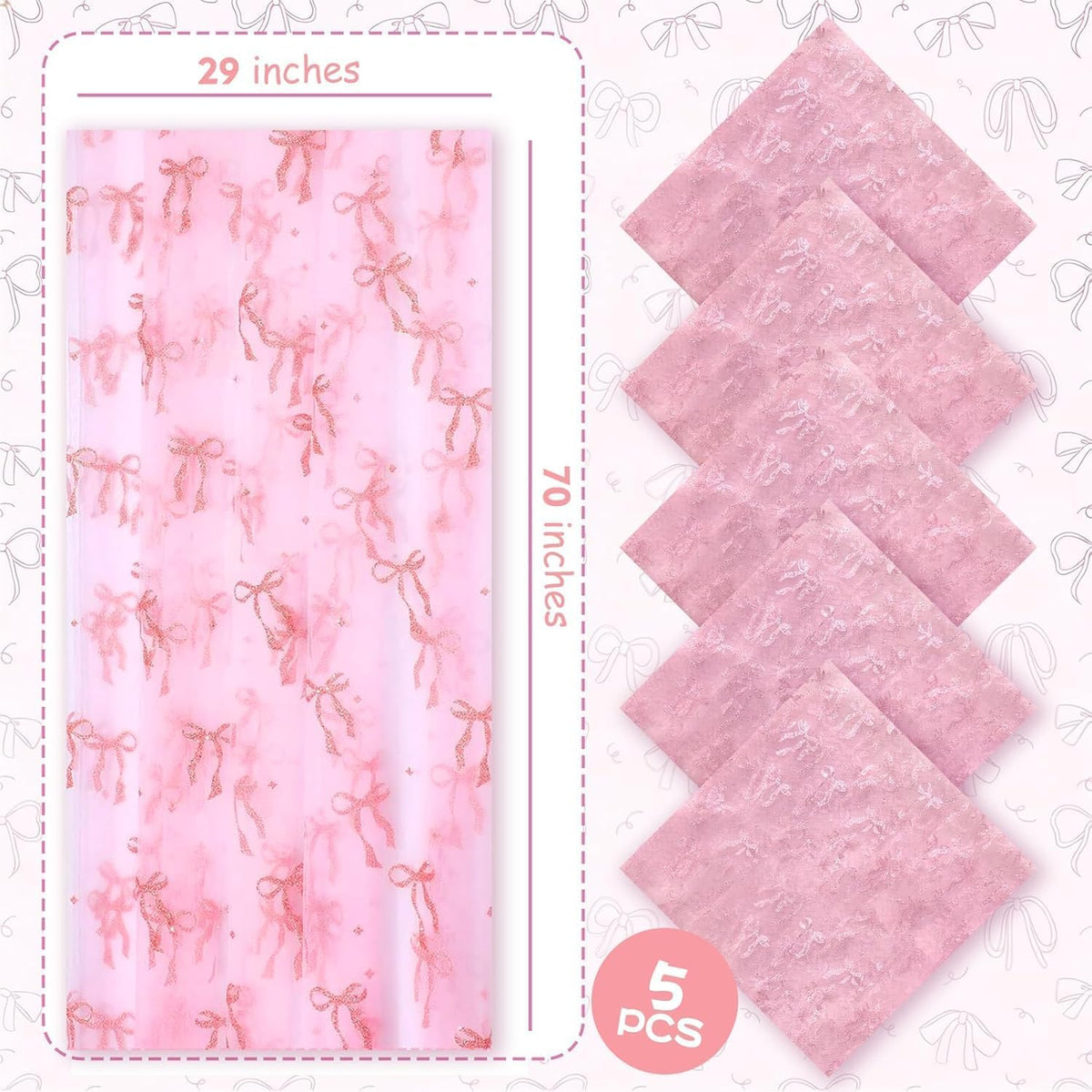 5 Pcs Bow Lace Table Runners 29 x 70 Inch Pink Tulle Glitter Table Runner Cute Bow Tablecloth for Birthday Baby Shower Wedding Home Table Decor