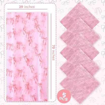 5 Pcs Bow Lace Table Runners 29 x 70 Inch Pink Tulle Glitter Table Runner Cute Bow Tablecloth for Birthday Baby Shower Wedding Home Table Decor