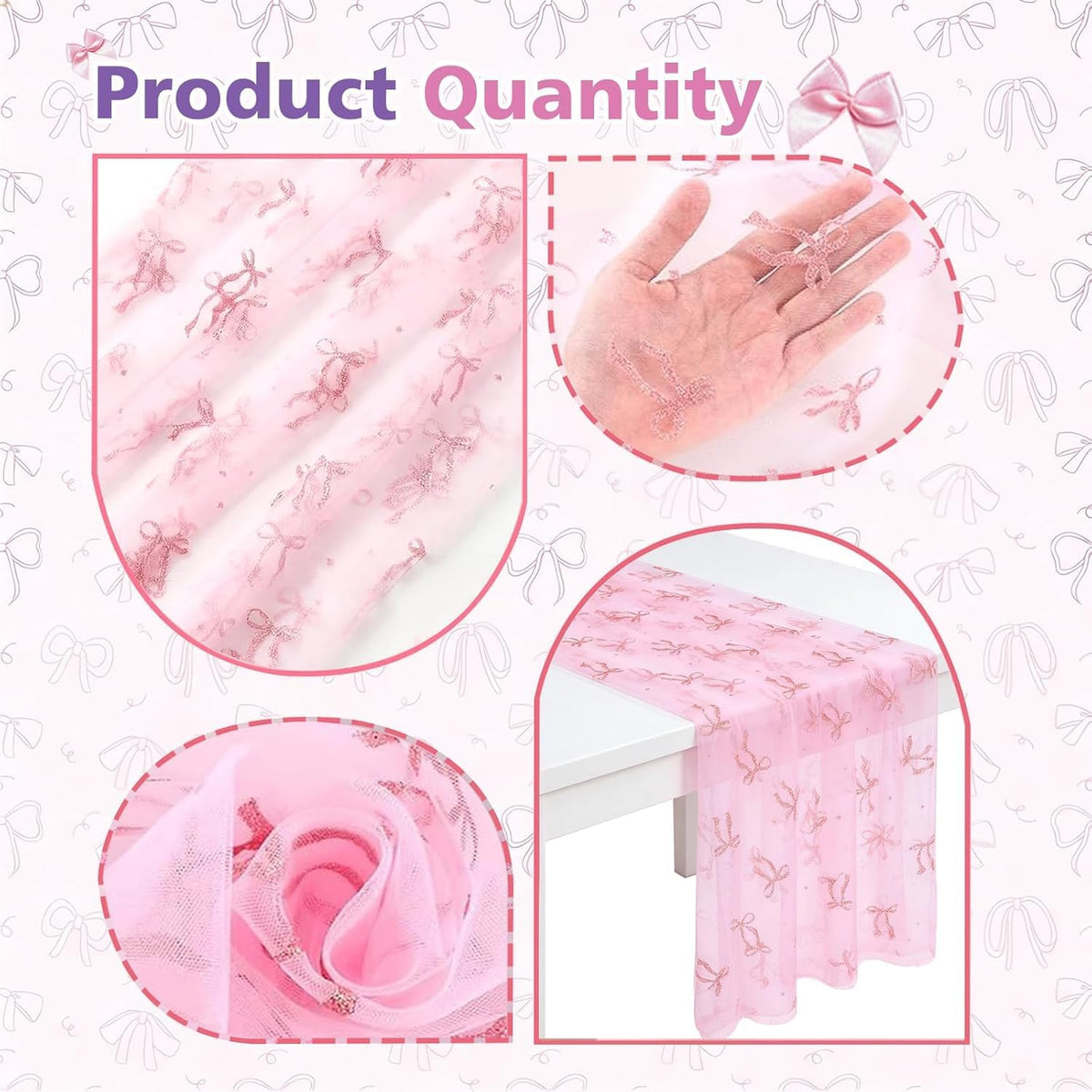 5 Pcs Bow Lace Table Runners 29 x 70 Inch Pink Tulle Glitter Table Runner Cute Bow Tablecloth for Birthday Baby Shower Wedding Home Table Decor