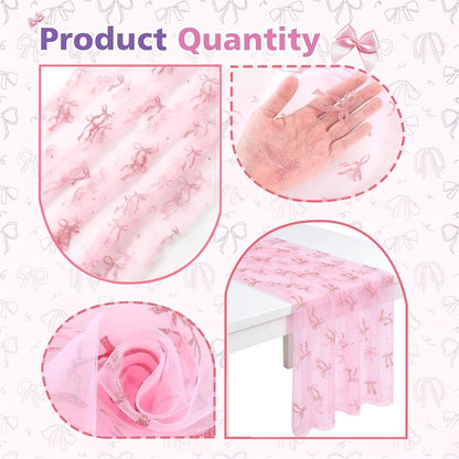 5 Pcs Bow Lace Table Runners 29 x 70 Inch Pink Tulle Glitter Table Runner Cute Bow Tablecloth for Birthday Baby Shower Wedding Home Table Decor
