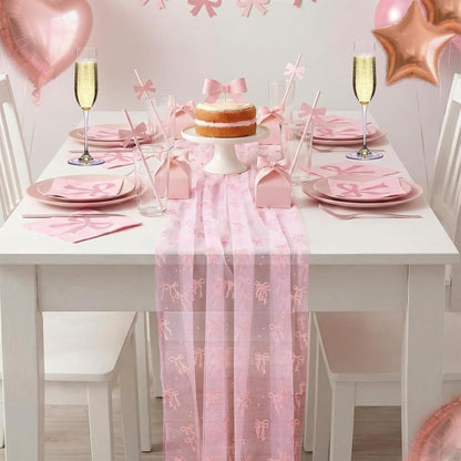 5 Pcs Bow Lace Table Runners 29 x 70 Inch Pink Tulle Glitter Table Runner Cute Bow Tablecloth for Birthday Baby Shower Wedding Home Table Decor