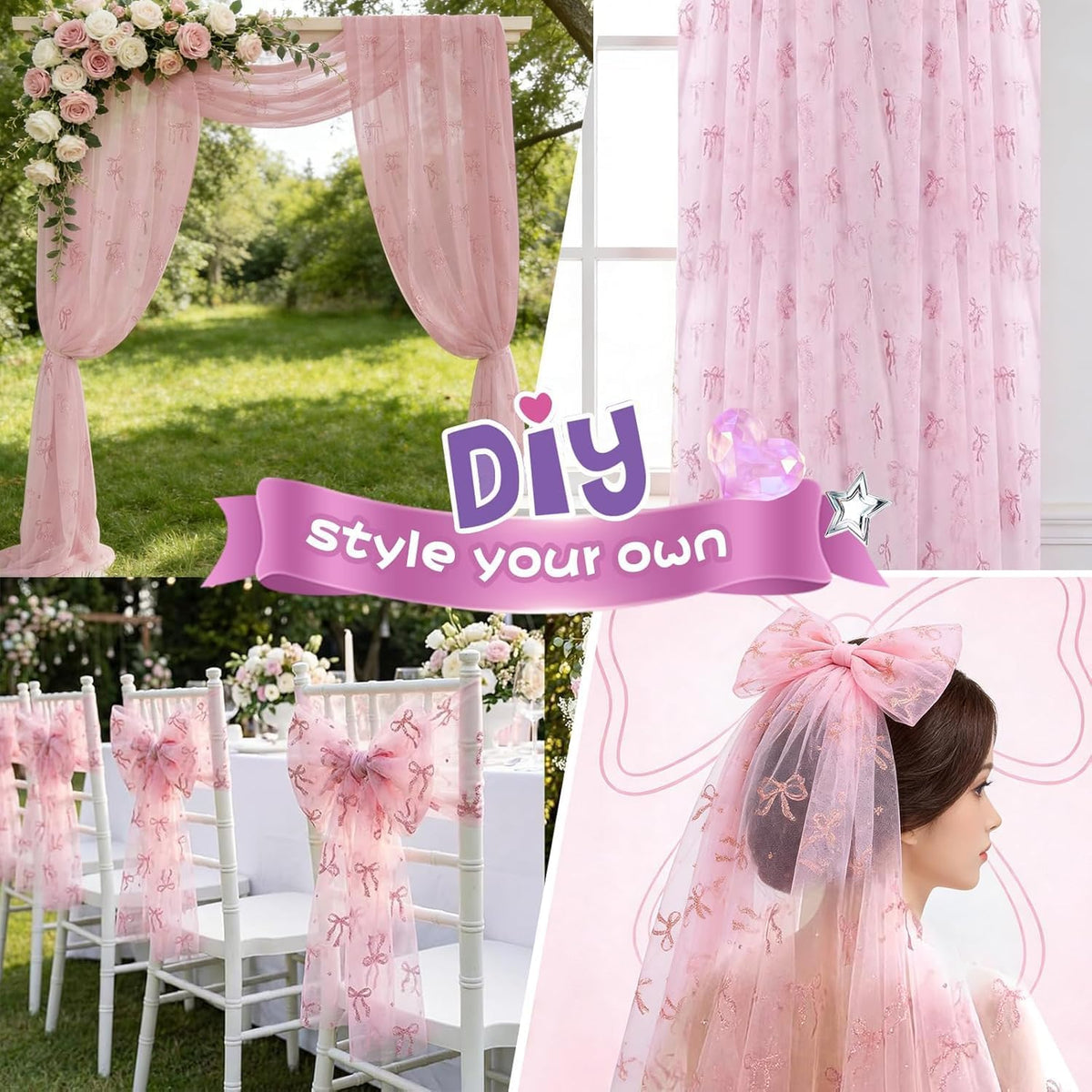 5 Pcs Bow Lace Table Runners 29 x 70 Inch Pink Tulle Glitter Table Runner Cute Bow Tablecloth for Birthday Baby Shower Wedding Home Table Decor