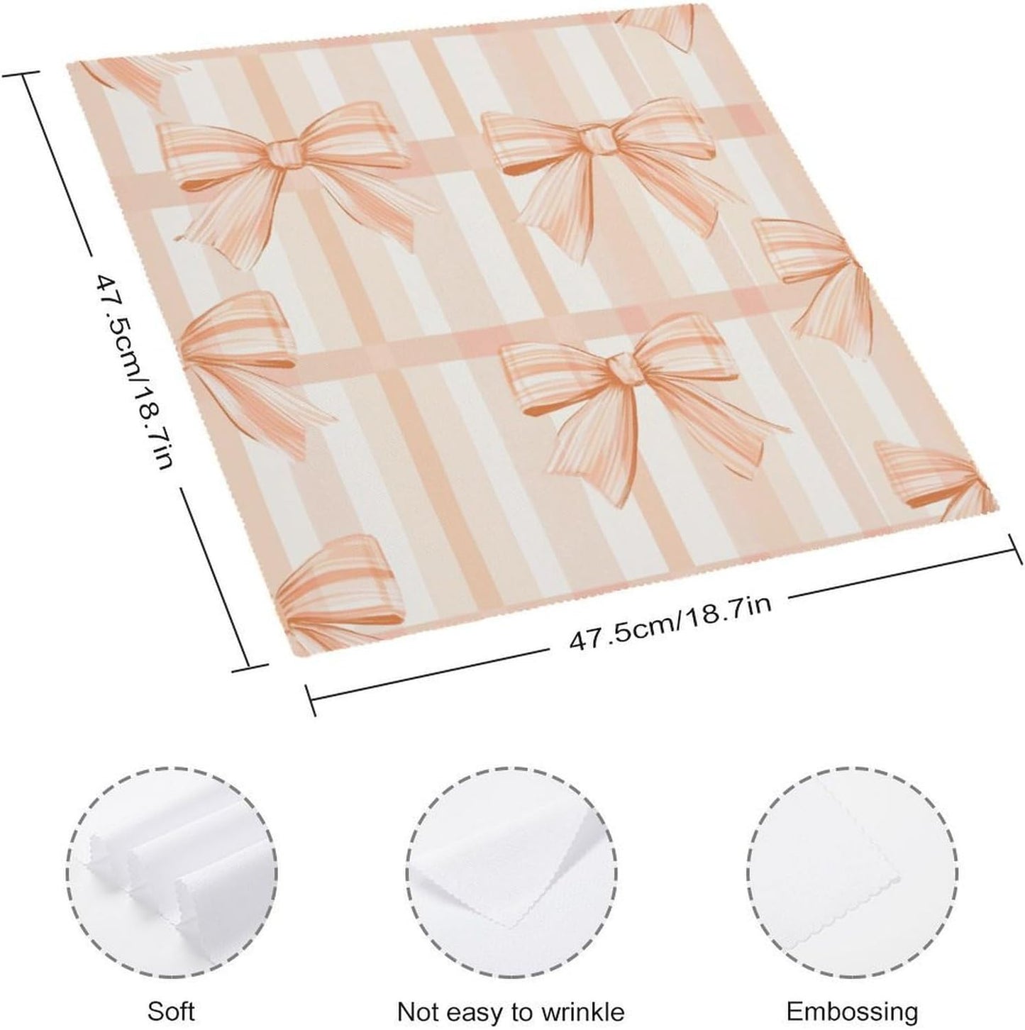 Peach Bows on Plaid Cloth Napkins Set of 6, Square Premium Reusable Washable Polyester Table Linen Napkin for Dinner Party