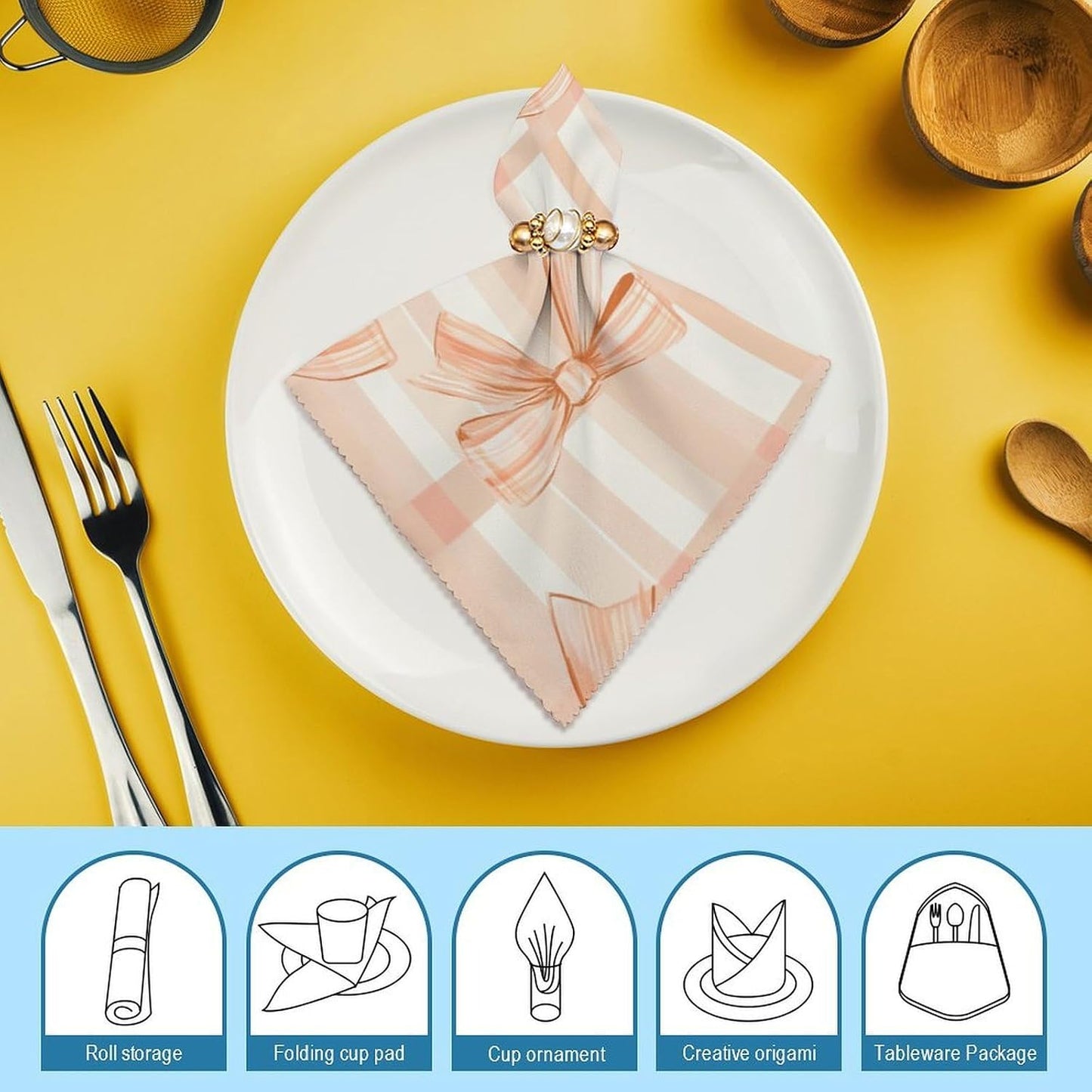 Peach Bows on Plaid Cloth Napkins Set of 6, Square Premium Reusable Washable Polyester Table Linen Napkin for Dinner Party