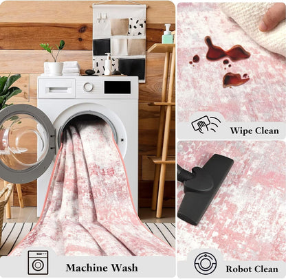 Washable Abstract Area Rug for Entryway, 2x3 Small Rugs Pink